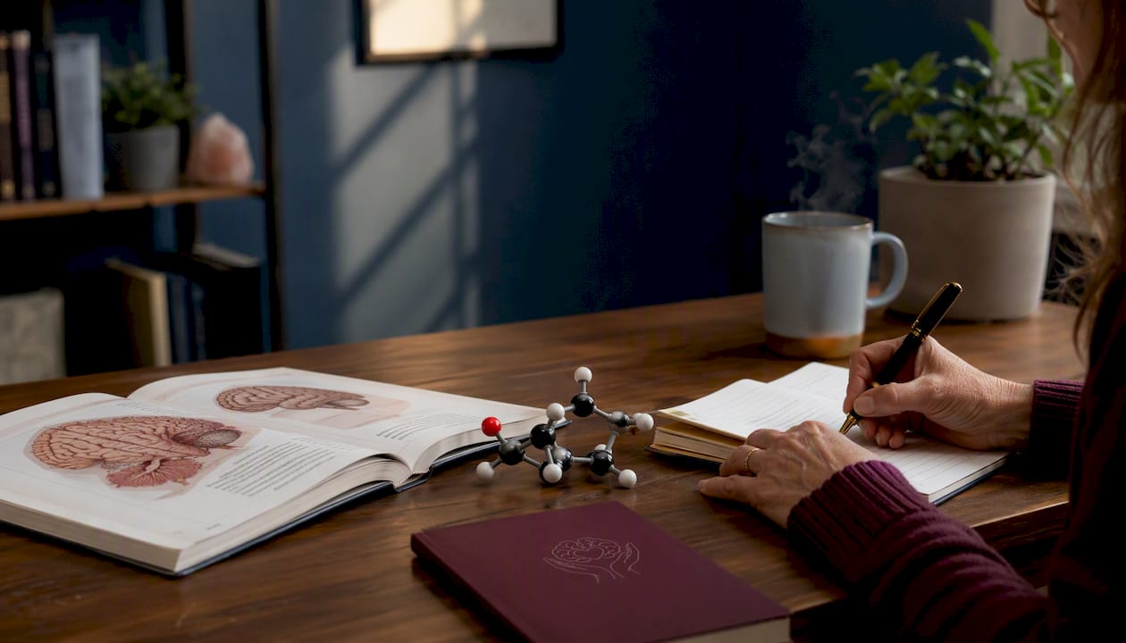 På terapeutens skrivebord ligger der både en model af hjernen og en figur, der illustrerer dopamin.