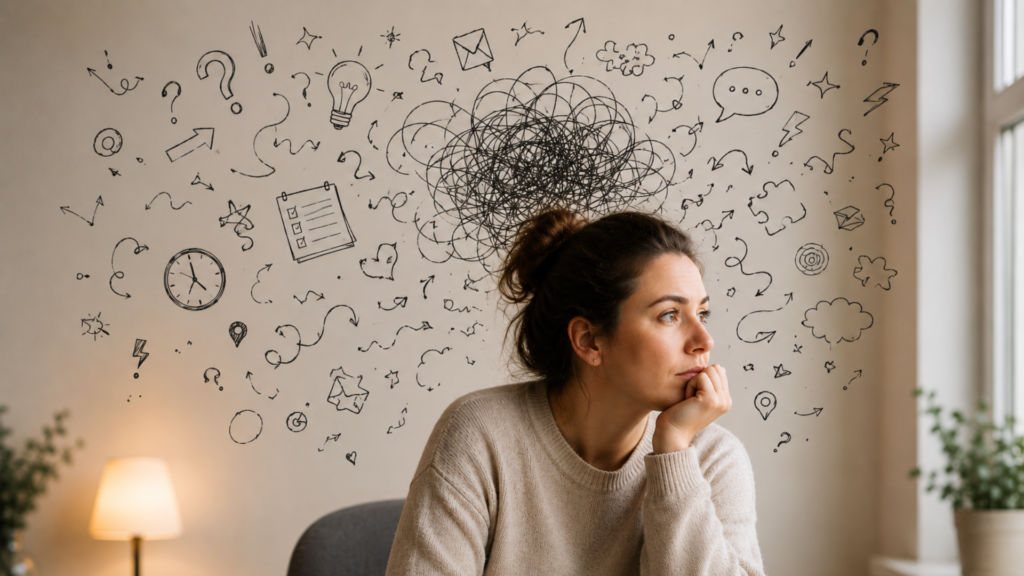 Illustration af kvinde med tankemylder, der symboliserer ADHD som voksen og de typiske symptomer på ADHD som voksen.