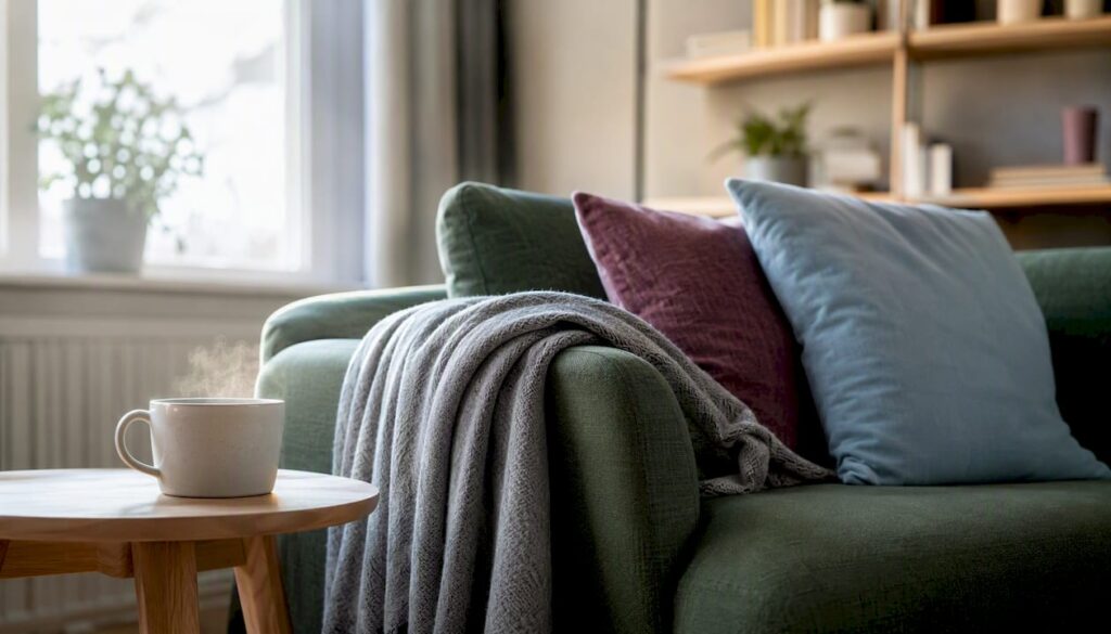 Hyggeligt terapilokale med blød sofa og tæppe, der indbyder til afslapning og tryghed.