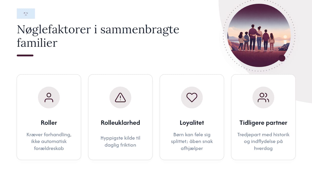 Oversigtsdiagram med nøgletal om forældreroller og udfordringer i sammenbragte familier