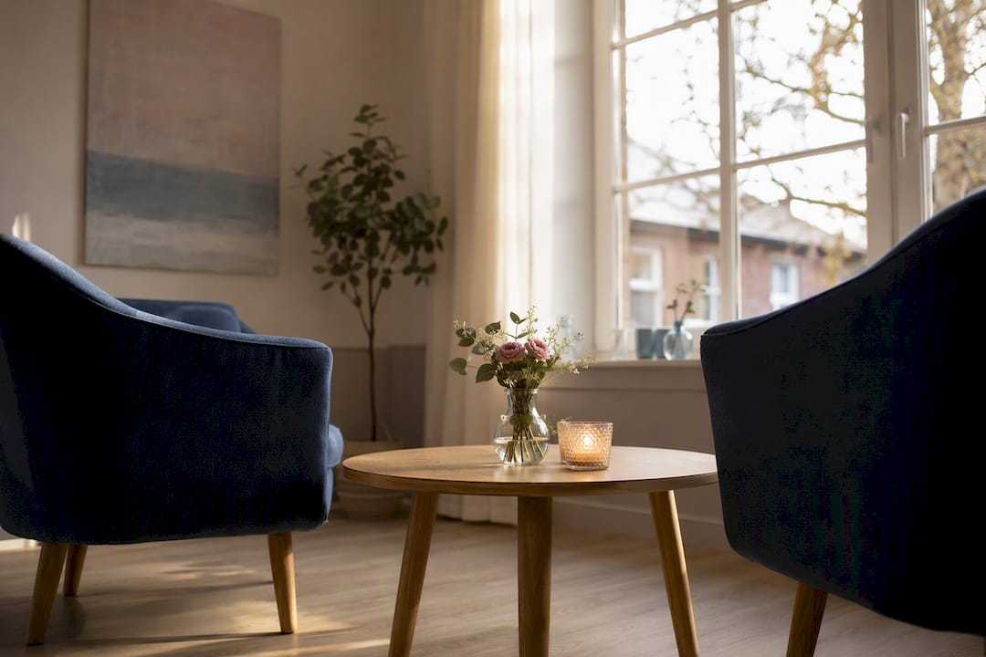 Terapirums hjørne med lænestole og stearinlys