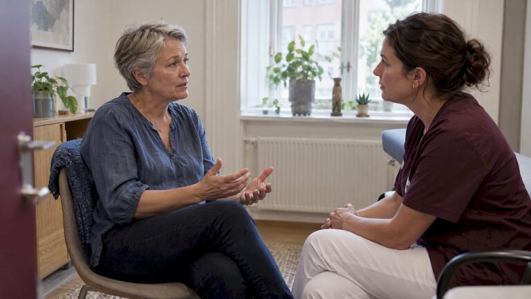 Kvinde diskuterer overgangsalderen med lægen